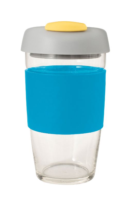 Avanti Glass GoCup 473ml in blue/grey/yellow, eco-friendly, spill-proof, for hot or cold drinks on the go.