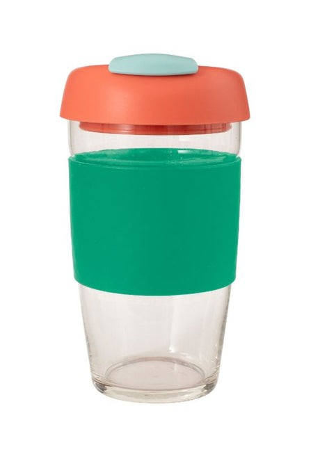 Avanti Glass GoCup Travel Mug in green, coral, and seafoam, 473ml, made of durable borosilicate glass with ergonomic design.