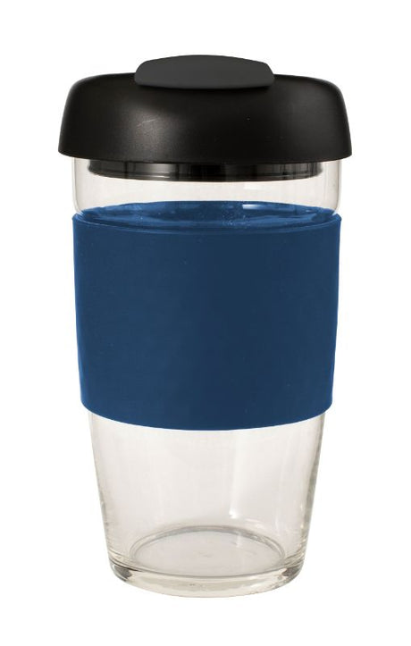 Avanti Glass GoCup Travel Mug in Navy, Black, and Char; 473ml, durable glass, spill-proof lid, perfect for on-the-go beverages.