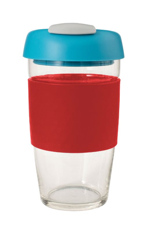 Avanti Glass GoCup Travel Mug in Red/Aqua/Grey, 473ml, featuring spill-proof lid, thermal sleeve, and eco-friendly design.