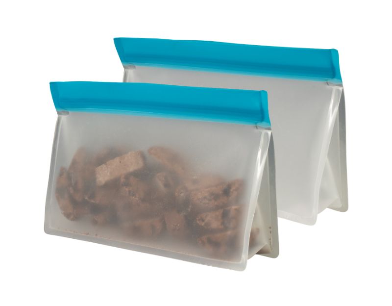 Avanti Reusable Stand Up Bags (500ml) in two pieces, eco-friendly, leakproof, lightweight, ideal for snacks and organization.