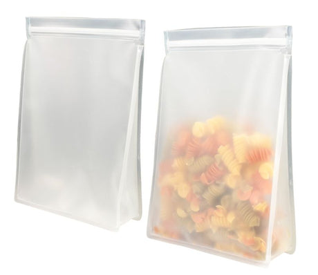 Avanti Reusable Tall Stand Up Bags, 2L, durable and eco-friendly for food storage, featuring leakproof seals and expandable bases.