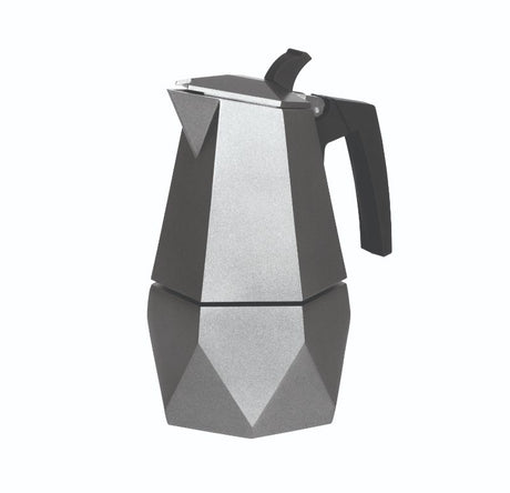 Avanti Geo Espresso Maker in Anthracite, 4-cup capacity, crafted from durable aluminum with a modern design and easy-pour spout.