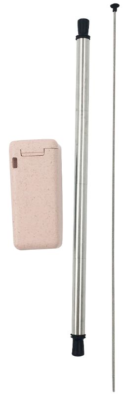 Pink Avanti folding stainless steel straw in wheat fiber box, eco-friendly, stylish, collapsible, includes cleaning brush.