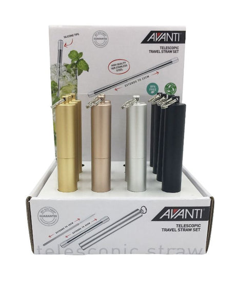 Avanti Telescopic Travel Straws Set of 16: eco-friendly stainless steel straws with silicone tips for easy sipping and portability.