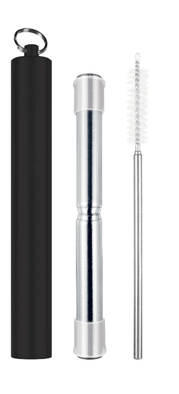 Sleek black telescopic travel straw made of stainless steel, extends from 13cm to 22cm, includes a cleaning brush.