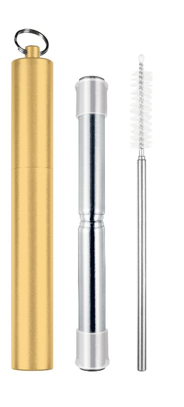 Telescopic stainless steel travel straw with silicone tip, compact design, eco-friendly, includes cleaning brush and storage case.