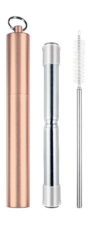 Rose gold telescopic travel straw, eco-friendly stainless steel, extends from 13cm to 22cm, includes cleaning brush and case.