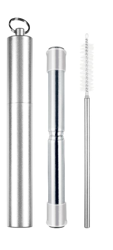 Silver Avanti Telescopic Travel Straw, eco-friendly, stainless steel, collapsible, dual-ended with silicone tip, includes cleaning brush.