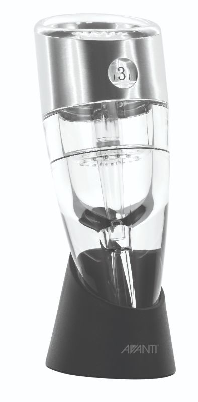 Avanti Adjustable Deluxe Wine Aerator enhances wine flavor, features a stainless steel band, and includes a non-drip stand.