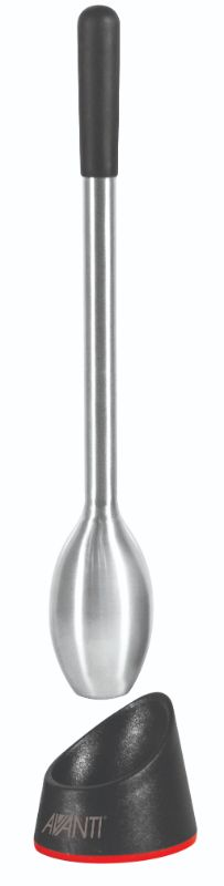 Stainless steel swizzle stick with silicone grip and base, keeps drinks chilled without dilution or spills, 20.3 cm long.