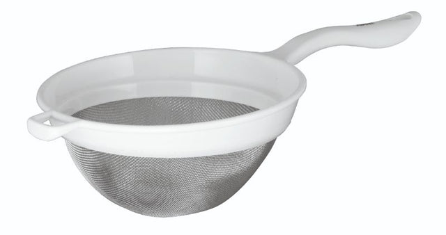 Avanti 19cm stainless steel strainer with ergonomic handle and durable white plastic frame, ideal for effortless draining.