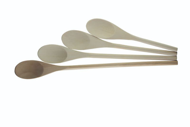 Set of 4 durable wooden cooking spoons in varying lengths, ideal for preparing and serving meals with ease.