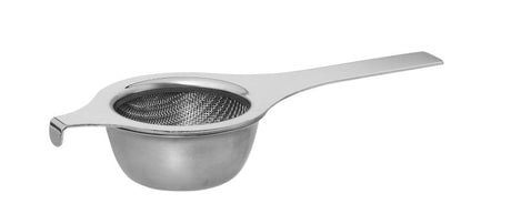 Avanti Deluxe Single Handle Tea Strainer in stainless steel, featuring double weave mesh and a drip bowl for clean, leaf-free tea.