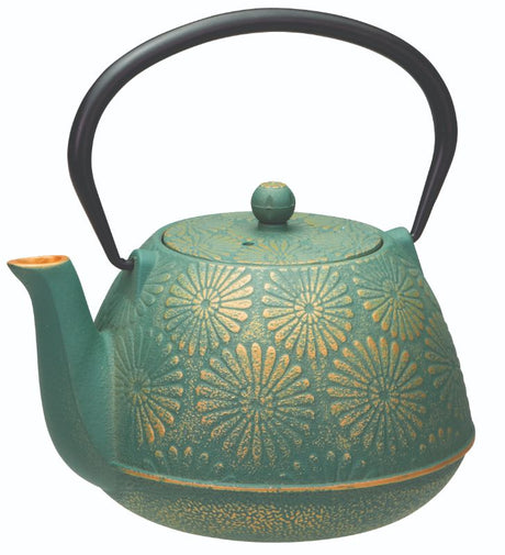 Teal and gold Avanti Daisy Teapot 1.2L, cast iron with stainless steel infuser for brewing loose leaf teas.