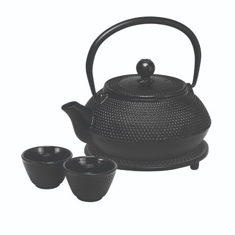 Avanti Hobnail Teapot Set in black, featuring 800ml teapot, two 100ml cups, and elegant trivet for a refined tea experience.