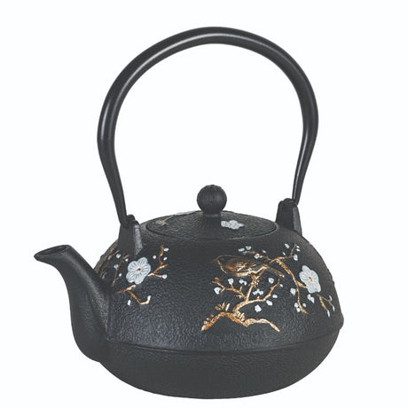 Avanti Blossom Cast Iron Teapot with cherry blossom design, 1.1L capacity, featuring a black enamel interior and stainless steel infuser.