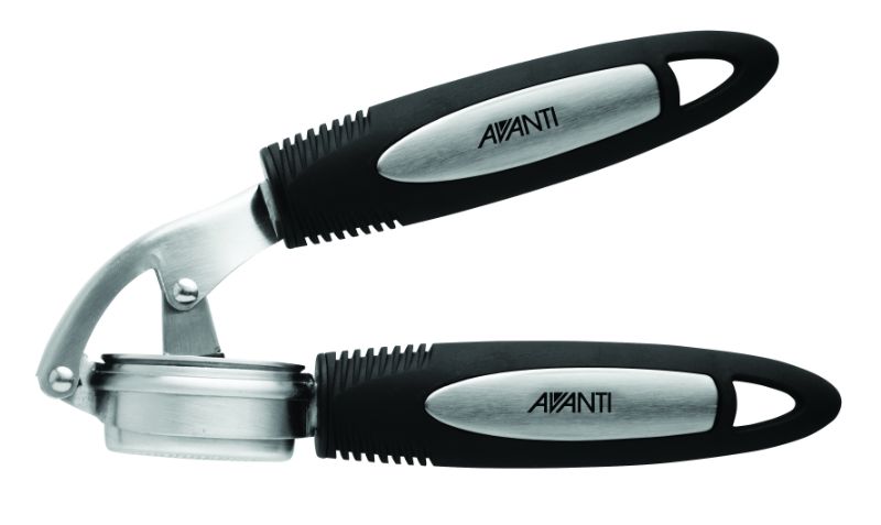 Avanti Ultra Grip Garlic Press with ergonomic soft grip, stainless steel design, and removable chamber for easy cleaning.