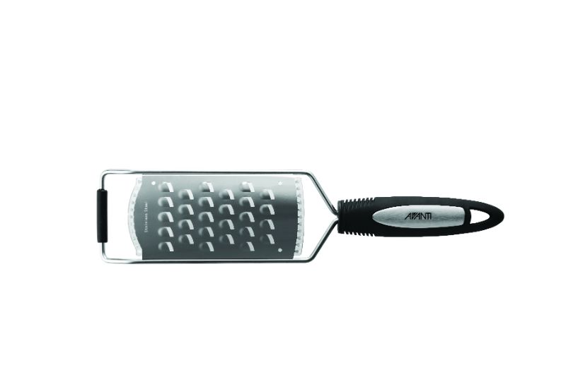 Avanti Ultra Grip Broad Grater with ergonomic handle, stainless steel build, and convenient hanging hole for easy storage.