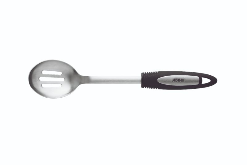 Avanti Ultra Grip Stainless Steel Slotted Spoon with ergonomic soft touch handle, ideal for straining and serving.