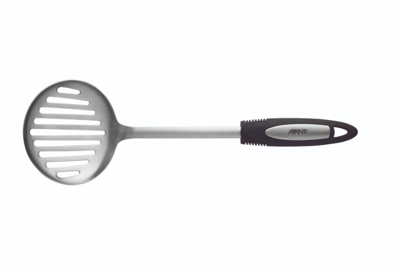 Stainless steel slotted skimmer with ultra-grip handle, ideal for draining and skimming while ensuring comfort and style.