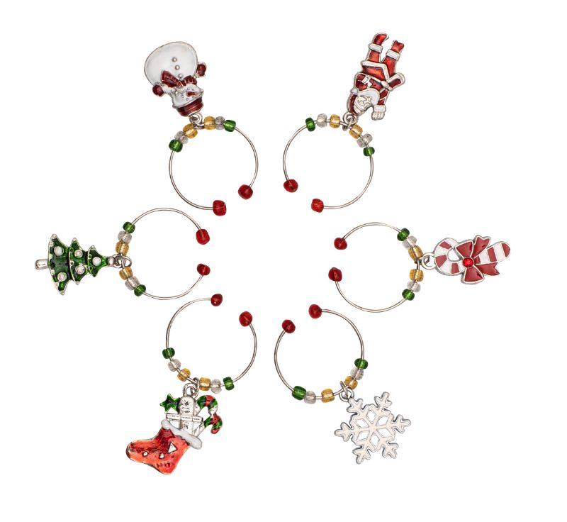 Festive Avanti Wine Charms set of 6 features unique Xmas designs, perfect for identifying glasses at holiday gatherings.