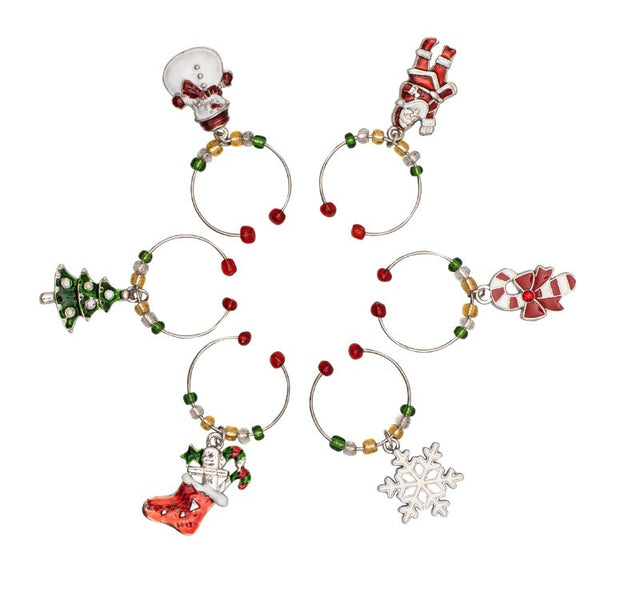 Festive Avanti Wine Charms set of 6 features unique Xmas designs, perfect for identifying glasses at holiday gatherings.