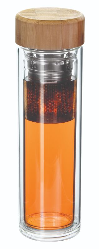 Avanti Infuser Travel Bottle: Stylish borosilicate glass, 450ml, double-walled, includes stainless steel infuser, dishwasher safe.