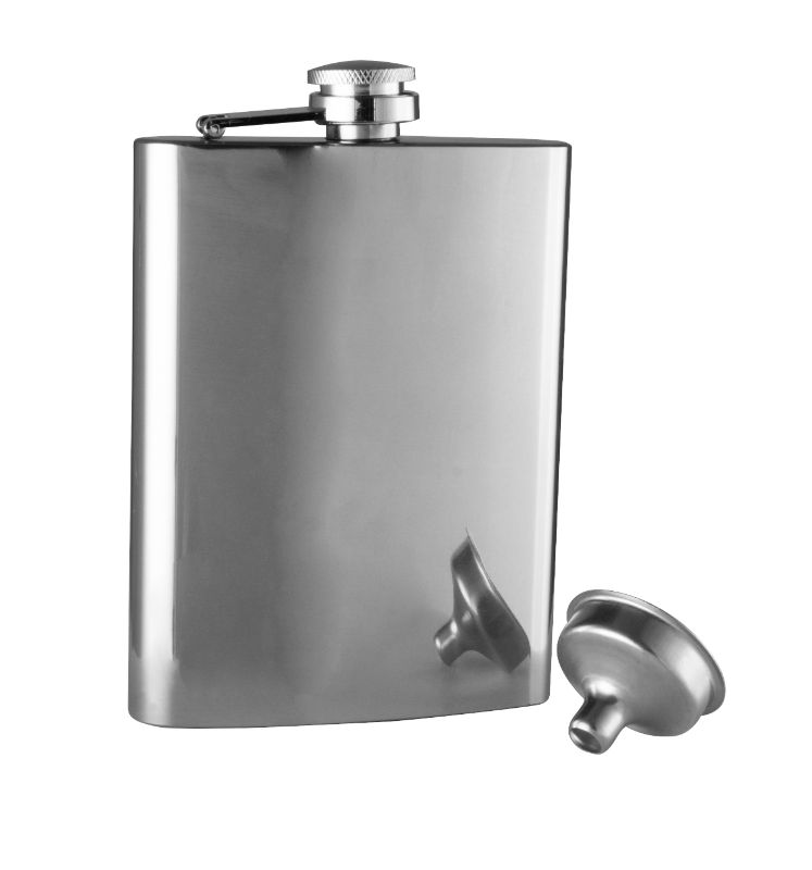 Polished stainless steel Avanti hip flask with funnel, 236ml capacity, perfect for outdoor adventures and gifts.