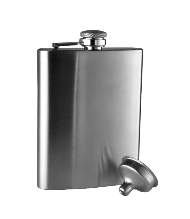 Satin-finished stainless steel hip flask with 236ml capacity and polished funnel, ideal for outdoor adventures.