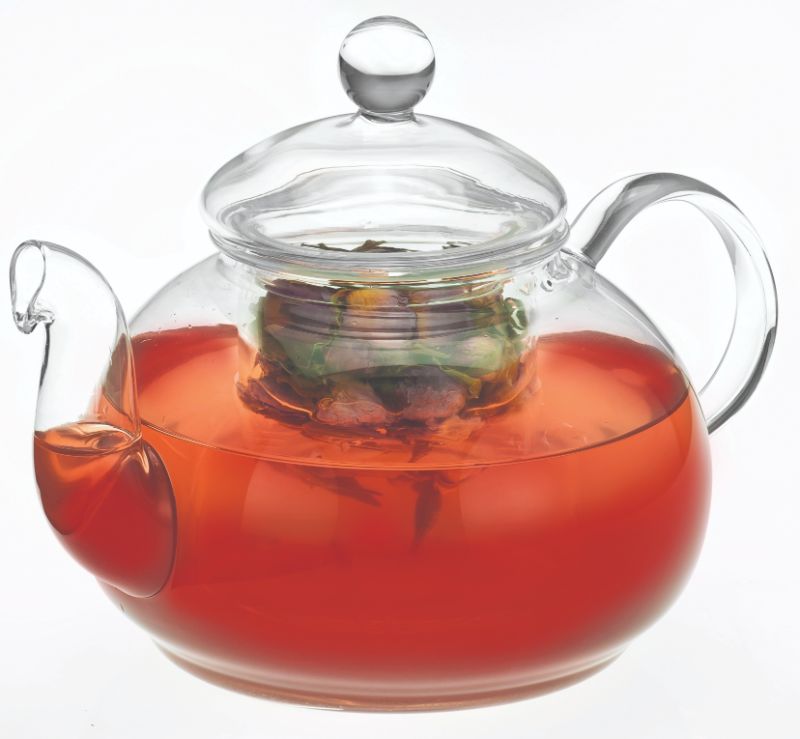 Elegant 800ml Avanti Eden Glass Teapot with removable infuser, showcasing vibrant tea colors and designed for effortless pouring.