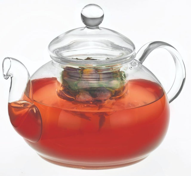 Elegant 800ml Avanti Eden Glass Teapot with removable infuser, showcasing vibrant tea colors and designed for effortless pouring.