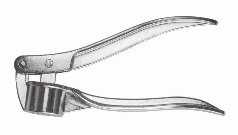 Avanti Cast Alloy Garlic Press featuring ergonomic handle and large hinge for effortless garlic crushing and easy cleaning.