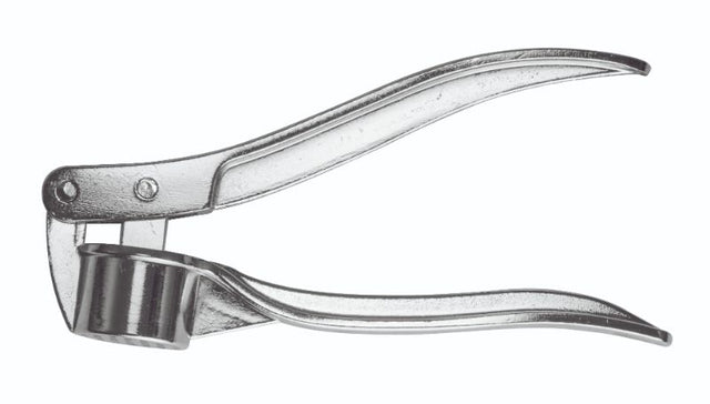 Avanti Cast Alloy Garlic Press featuring ergonomic handle and large hinge for effortless garlic crushing and easy cleaning.