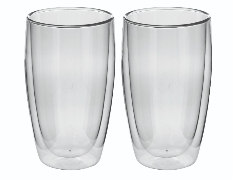 Two 400ml Avanti Caffe twin wall glass mugs, made of borosilicate glass, keeping drinks hot or cold without condensation.