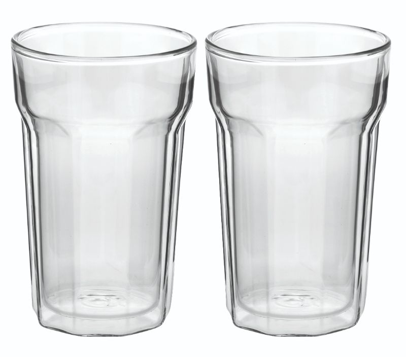 Two elegant Avanti Nove Twin Wall Glasses, 375ml, designed to keep drinks hot or cold without burning hands or condensation.