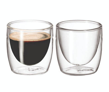 Avanti Twin Wall Glass Caffe set of 2, 100ml borosilicate glasses with thermal insulation for hot or cold drinks.