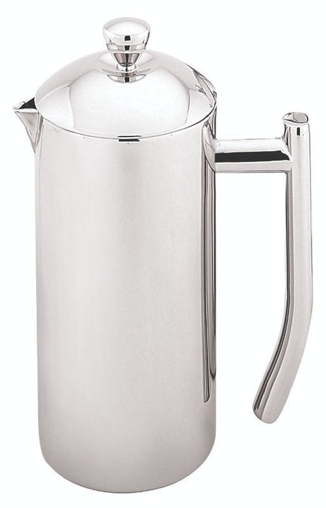 Stylish 1L stainless steel coffee plunger with double wall insulation, ergonomic handle, and 8 cup capacity for effortless brewing.