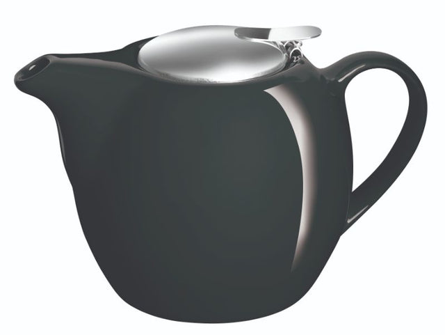 Elegant black ceramic teapot with stainless steel infuser, 750ml capacity for effortless tea brewing and serving.