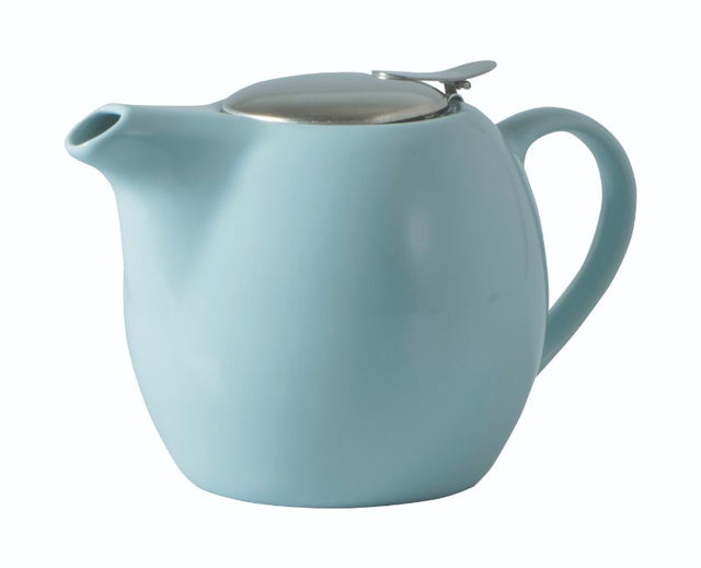 Elegant Duck Egg Blue 500ml ceramic teapot with stainless steel lid and infuser, perfect for brewing and serving tea.