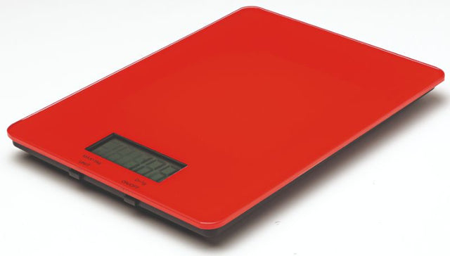 Avanti Digital Kitchen Scales in red, measuring up to 5kg with glass platform and user-friendly display for precise ingredient weighing.