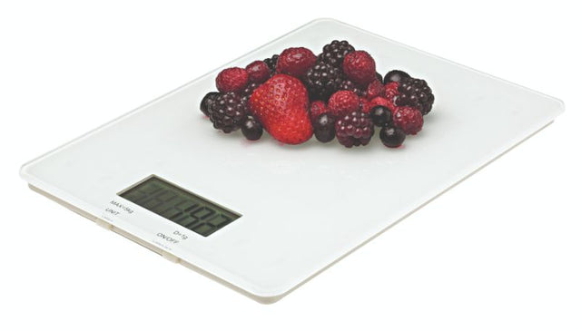 Digital kitchen scales in white, 5.0kg capacity, features clear LCD display and tare function for precise ingredient measurement.