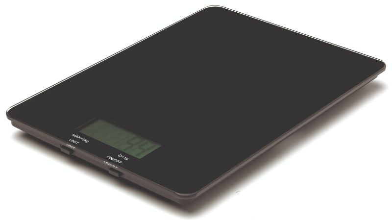 Digital kitchen scales in sleek black, 5.0kg capacity, precise measurements, easy-to-read LCD, includes silicone press lid.