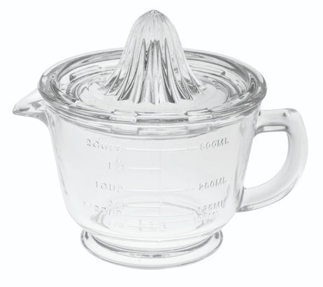 Avanti Glass Juicer with 500ml capacity, designed for easy and efficient citrus juicing, featuring a measuring jug and spout.