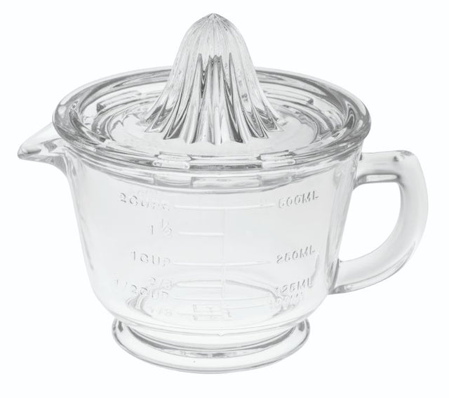 Avanti Glass Juicer with 500ml capacity, designed for easy and efficient citrus juicing, featuring a measuring jug and spout.