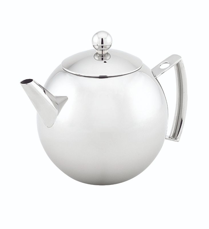 Elegant 360ml Mondo Tea Pot in polished stainless steel with a fine mesh infuser for perfect brewing and easy pouring.