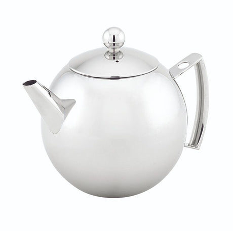 Sleek stainless steel teapot with mirror finish, 600ml capacity, perfect for 4 cups, includes fine mesh strainer.