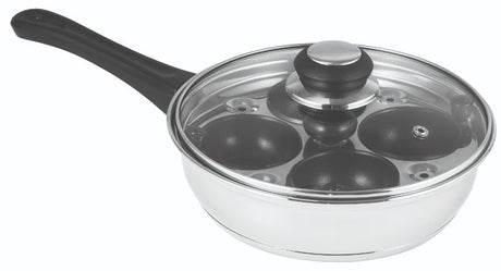 Avanti 4 Egg Poacher pan with 4 non-stick pods, stainless steel insert, glass lid, and 20cm diameter for perfect poached eggs.