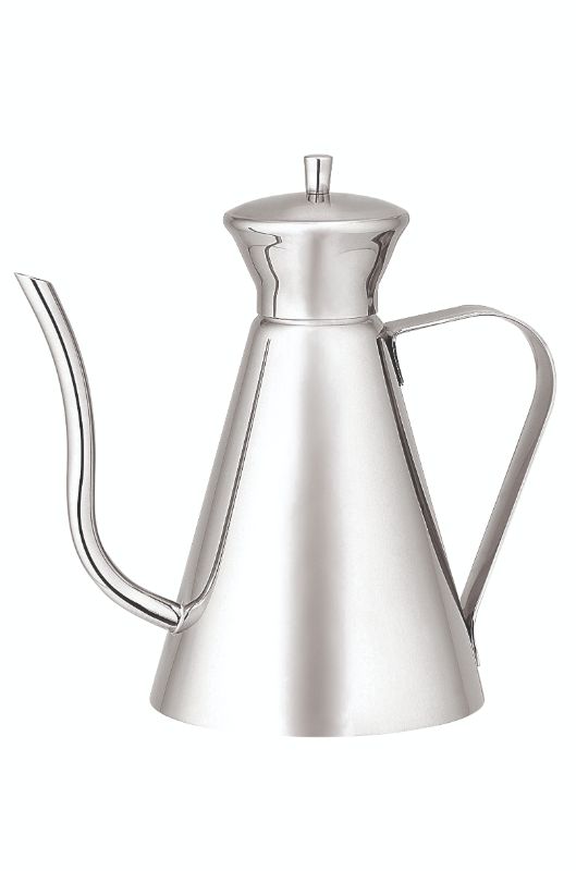 Art Deco Luxury Oil Can 500ml in mirror-polished stainless steel with a drip-free spout, combining elegance and functionality.