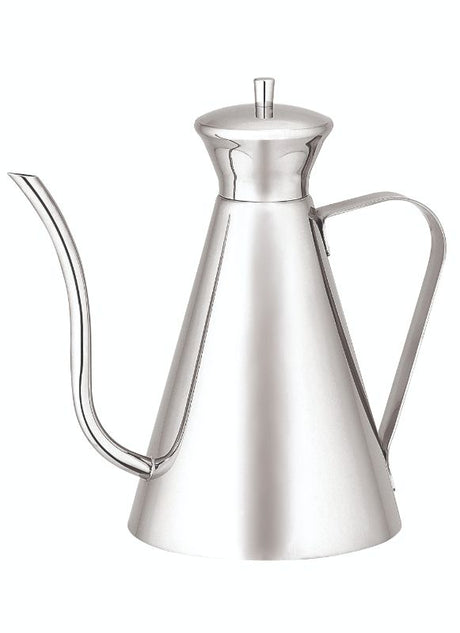 Art Deco Luxury Oil Can 750ml in polished stainless steel with a drip-free spout, combining elegance and functionality.